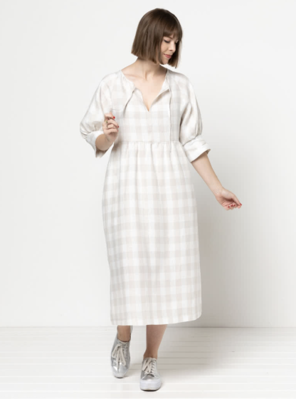 Women wearing the Hope Dress sewing pattern from Style Arc on The Fold Line. A dress pattern made in washed linen, rayon, crepe or cotton fabrics, featuring pattern pieces for three new bodice styles and three new sleeve styles.