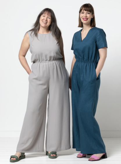 Women wearing the Shannon Jumpsuit sewing pattern from Style Arc on The Fold Line. A jumpsuit pattern made in crepe, washed linen, or ponte knit fabrics, featuring a wide-leg, elastic waist, side pockets, sleeveless or short sleeves, round or V-neck, small armhole bust dart, and back button closure.