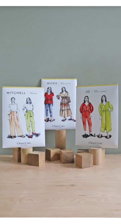 Photo showing the Closet Core Patterns Bundle which includes the Mitchell Trousers, Nicks Dress and Blouse plus the Jo Dress and Jumpsuit. This set is ideal for a confident beginner sewist and is perfect for a present or Christmas Gift.