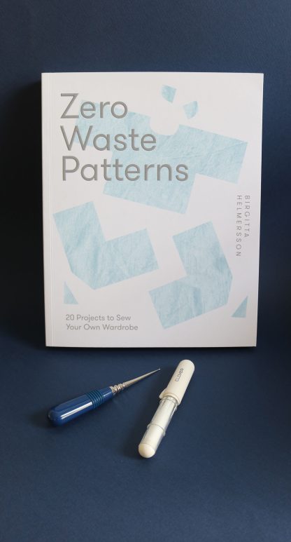 Photo showing the Birgitta Helmersson Zero Waste Bundle which includes the Zero Waste Patterns Book, Ball Point Awl and Chalk Pen. This set is ideal for learning to self draft and sew your own clothing or a perfect present or Christmas Gift.