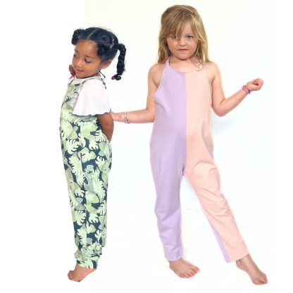 Children wearing the Avery Romper sewing pattern from Pattern Paper Scissors on The Fold Line. A romper pattern made in jersey, sweat, terry, stretch crepe, or knit fabrics, featuring a relaxed fit and shoulder straps.
