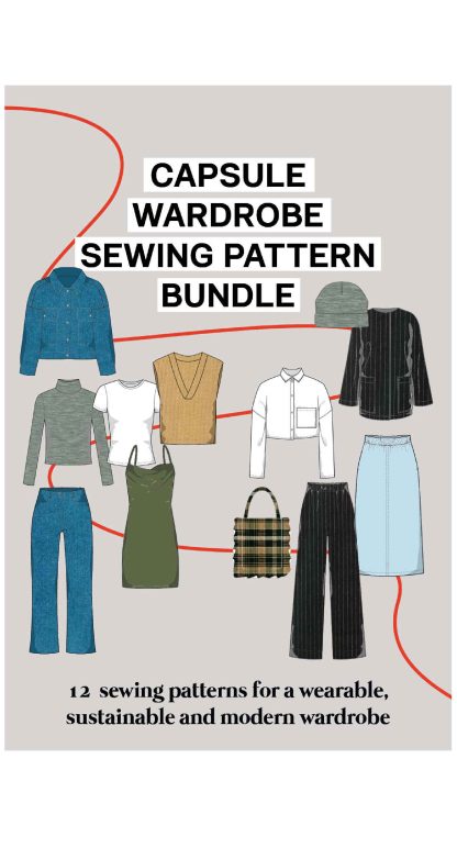 Illustration of the Capsule Wardrobe sewing pattern bundle from JULIANA MARTEJEVS on The Fold Line. Includes 12 patterns for sewing a complete capsule wardrobe and a bonus styling guide with fabric and outfit inspiration.